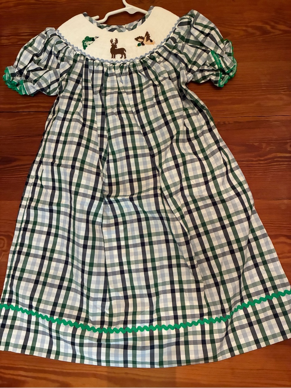 Green and Navy Plaid Smocked Dress with Deer Embroidery